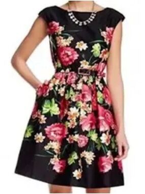 Eliza J Black Floral Midi Dress with Pink & Orange Blooms